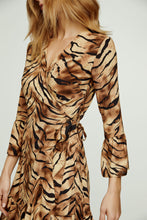 Load image into Gallery viewer, Tiger Print Viscose Wrap Dress with Bell Sleeves