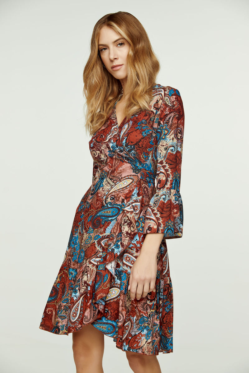 Paisley Print Viscose Wrap Dress with Bell Sleeves ConquistaFashion