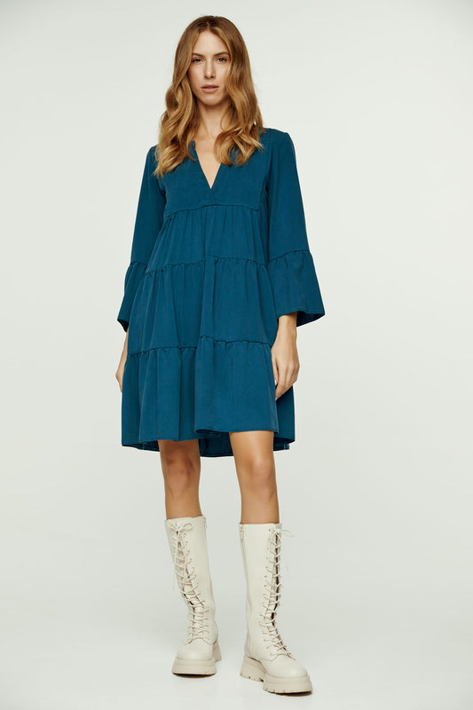 Dark Petrol Tencel Gathered Seams Dress