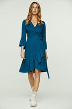 Load image into Gallery viewer, Petrol Wrap Dress Viscose with bell sleeves.