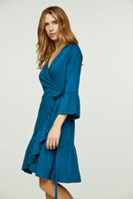 Load image into Gallery viewer, Petrol Wrap Dress Viscose with bell sleeves.