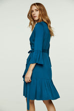 Load image into Gallery viewer, Petrol Wrap Dress Viscose with bell sleeves.