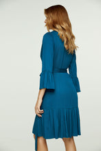 Load image into Gallery viewer, Petrol Wrap Dress Viscose with bell sleeves.