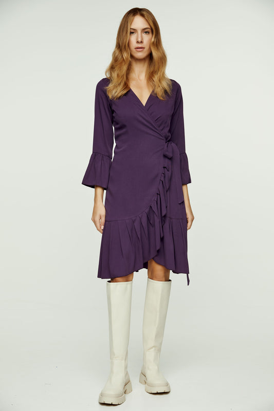 Aubergine Blue Wrap Dress Viscose with bell sleeves.