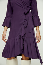 Load image into Gallery viewer, Aubergine Blue Wrap Dress Viscose with bell sleeves.