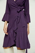Load image into Gallery viewer, Aubergine Blue Wrap Dress Viscose with bell sleeves.