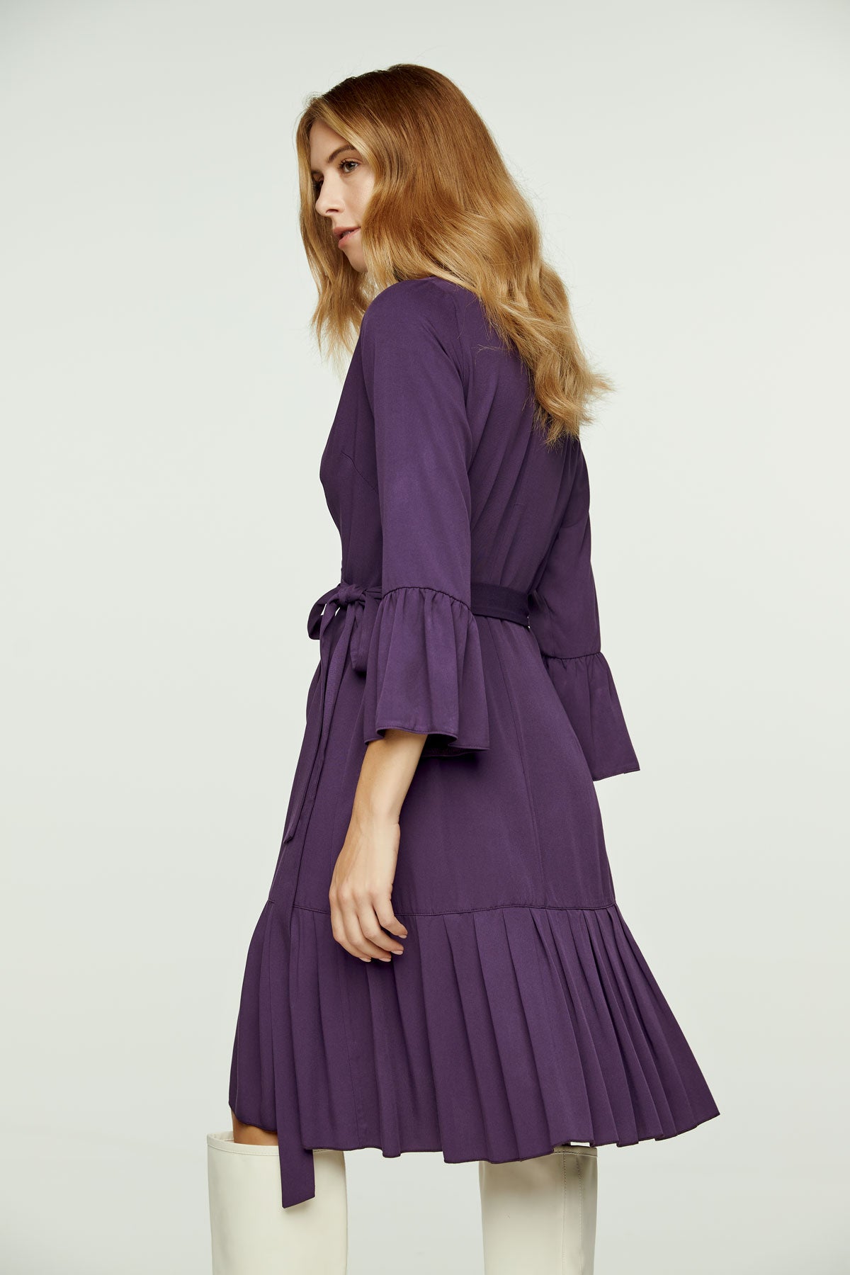 Aubergine Blue Wrap Dress Viscose with bell sleeves.