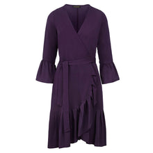 Load image into Gallery viewer, Aubergine Blue Wrap Dress Viscose with bell sleeves.