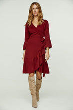Load image into Gallery viewer, Wine Wrap Dress Viscose with bell sleeves