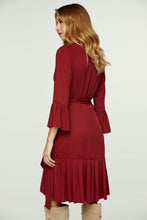 Load image into Gallery viewer, Wine Wrap Dress Viscose with bell sleeves