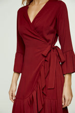 Load image into Gallery viewer, Wine Wrap Dress Viscose with bell sleeves