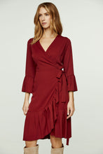 Load image into Gallery viewer, Wine Wrap Dress Viscose with bell sleeves