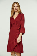 Load image into Gallery viewer, Wine Wrap Dress Viscose with bell sleeves