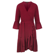 Load image into Gallery viewer, Wine Wrap Dress Viscose with bell sleeves