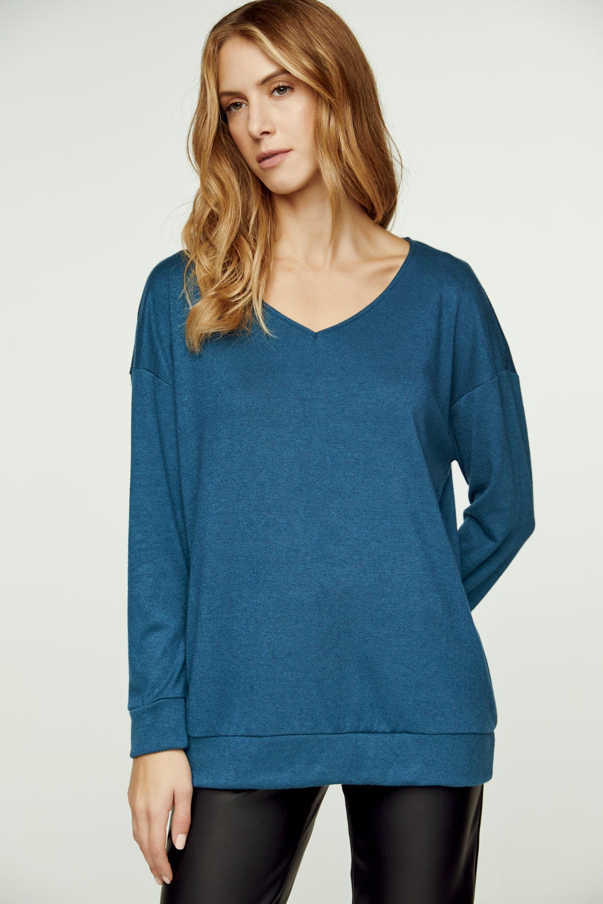 Petrol Blue V Neck Knit Top