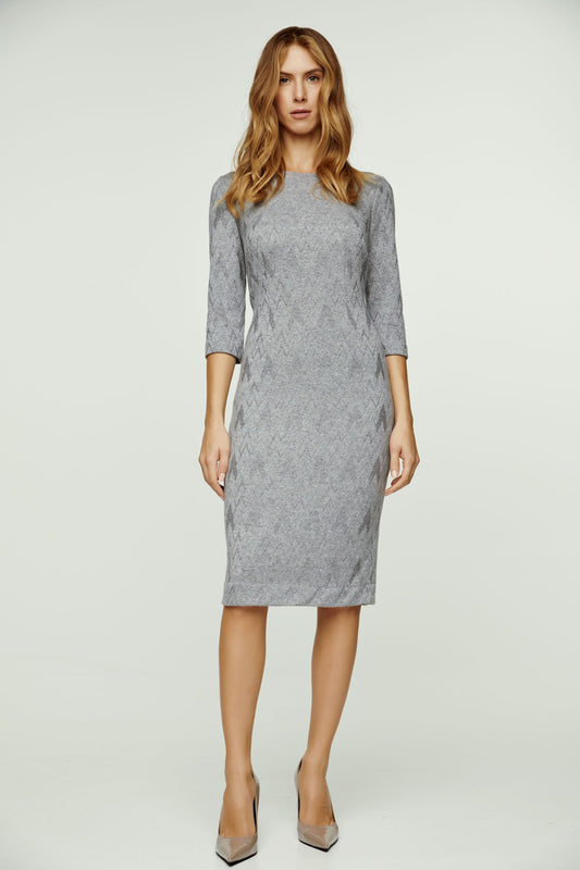3/4 Sleeve Grey Jacquard Fitted Dress