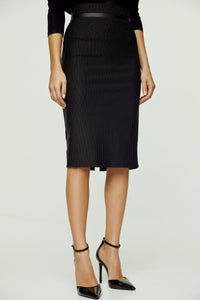 High Waisted Black Pencil Skirt with Leather Detail