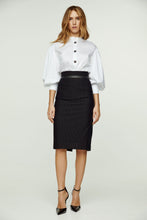 Load image into Gallery viewer, Striped Black Pencil Skirt with Leather Detail