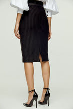 Load image into Gallery viewer, Striped Black Pencil Skirt with Leather Detail