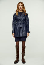 Load image into Gallery viewer, Navy Faux Leather Jacket with Belt