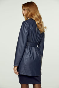 Navy Faux Leather Jacket with Belt
