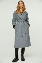 Load image into Gallery viewer, Woven Grey Melange Wool Winter Coat with Shawl Collar and Elegant Belt