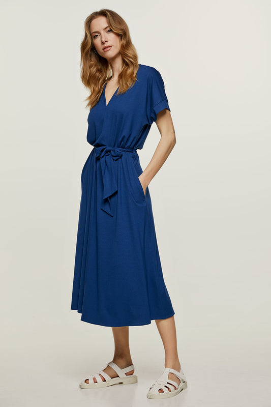 Blue Jersey Belted Midi Dress