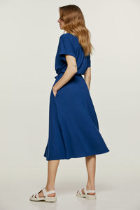 Blue Jersey Belted Midi Dress