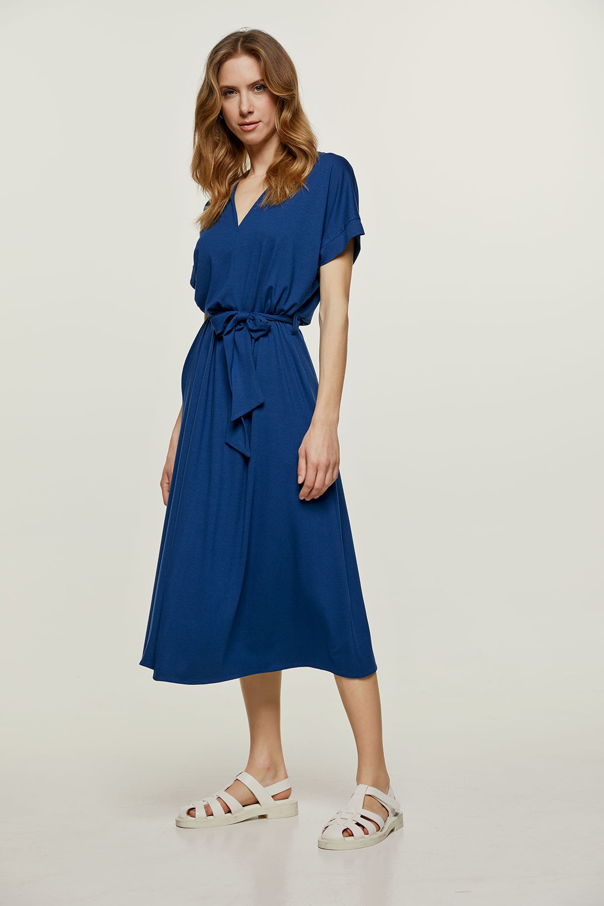Blue Jersey Belted Midi Dress