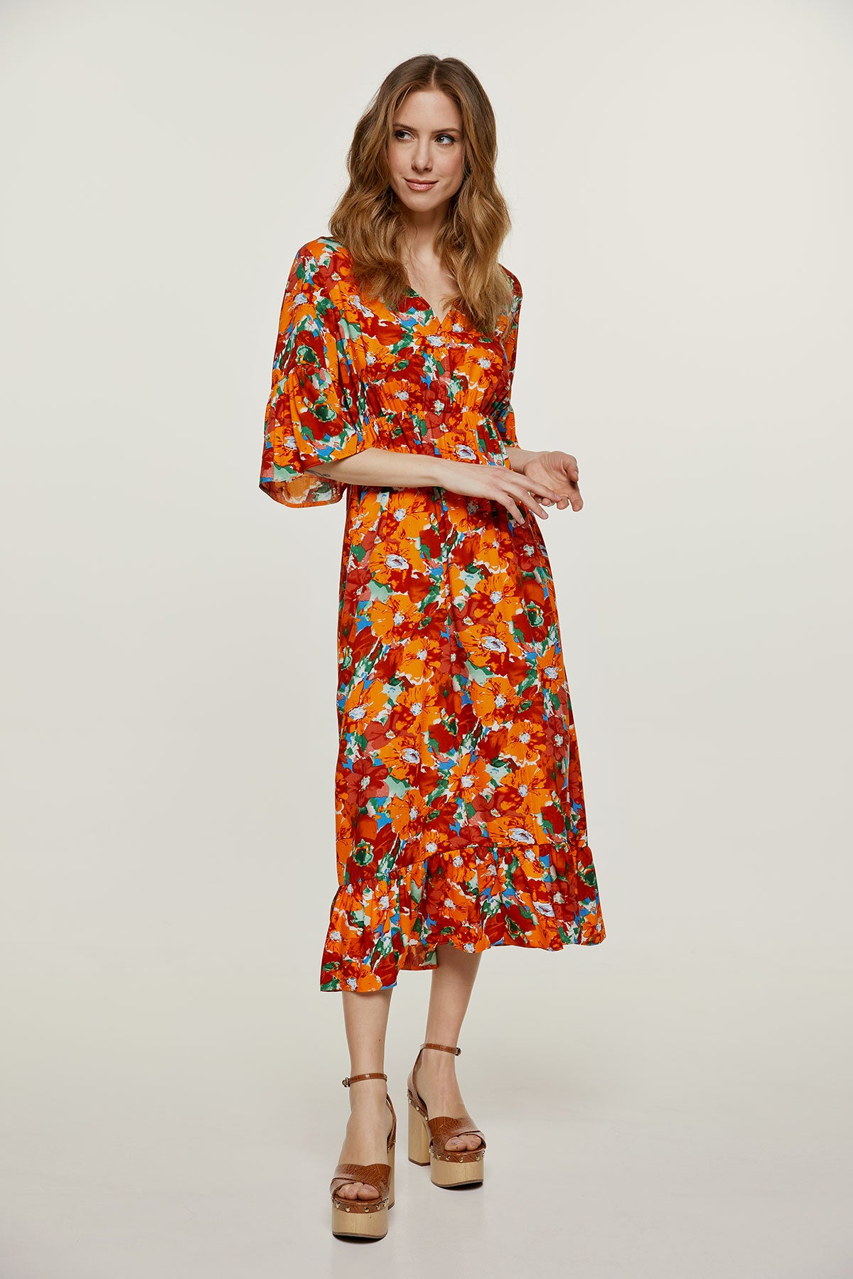 Floral Ruffle Detail Midi Dress