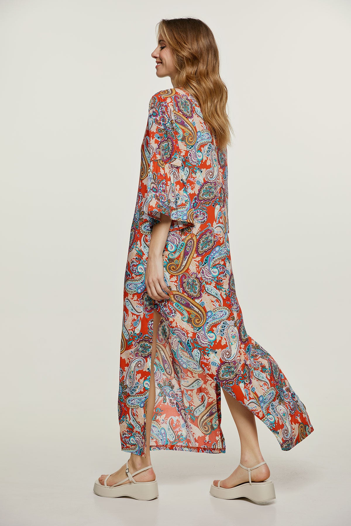Conquista Φόρεμα Maxi Casual V-Λαιμόκοψη Με Σκίσιμο Εμπριμέ Πορτοκαλί C221-112-81