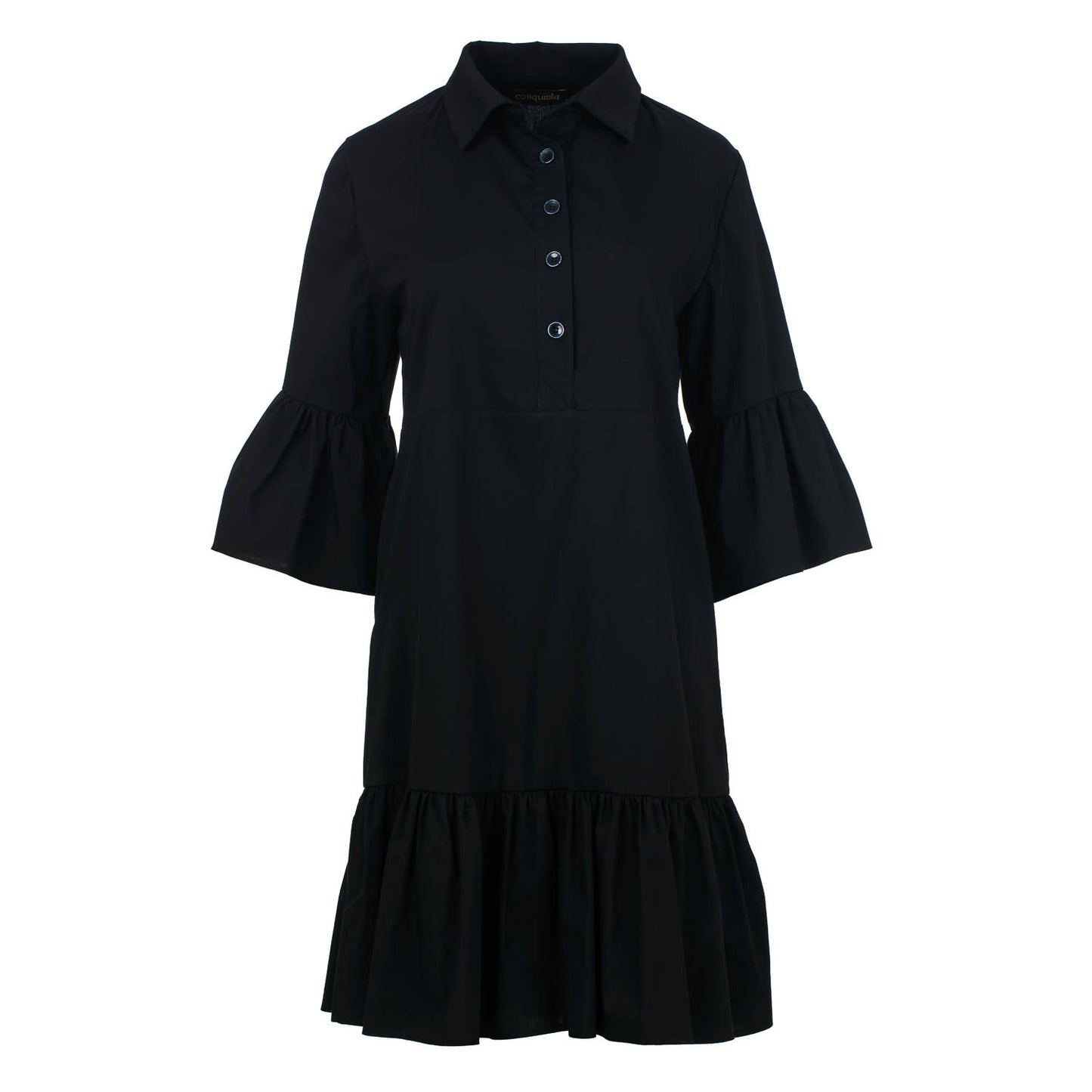 Conquista Φόρεμα Mini Casual Με Γιακά Κοντομάνικο Με Κουμπιά Με Βολάν Μονόχρωμο Μαύρο C221-130-00