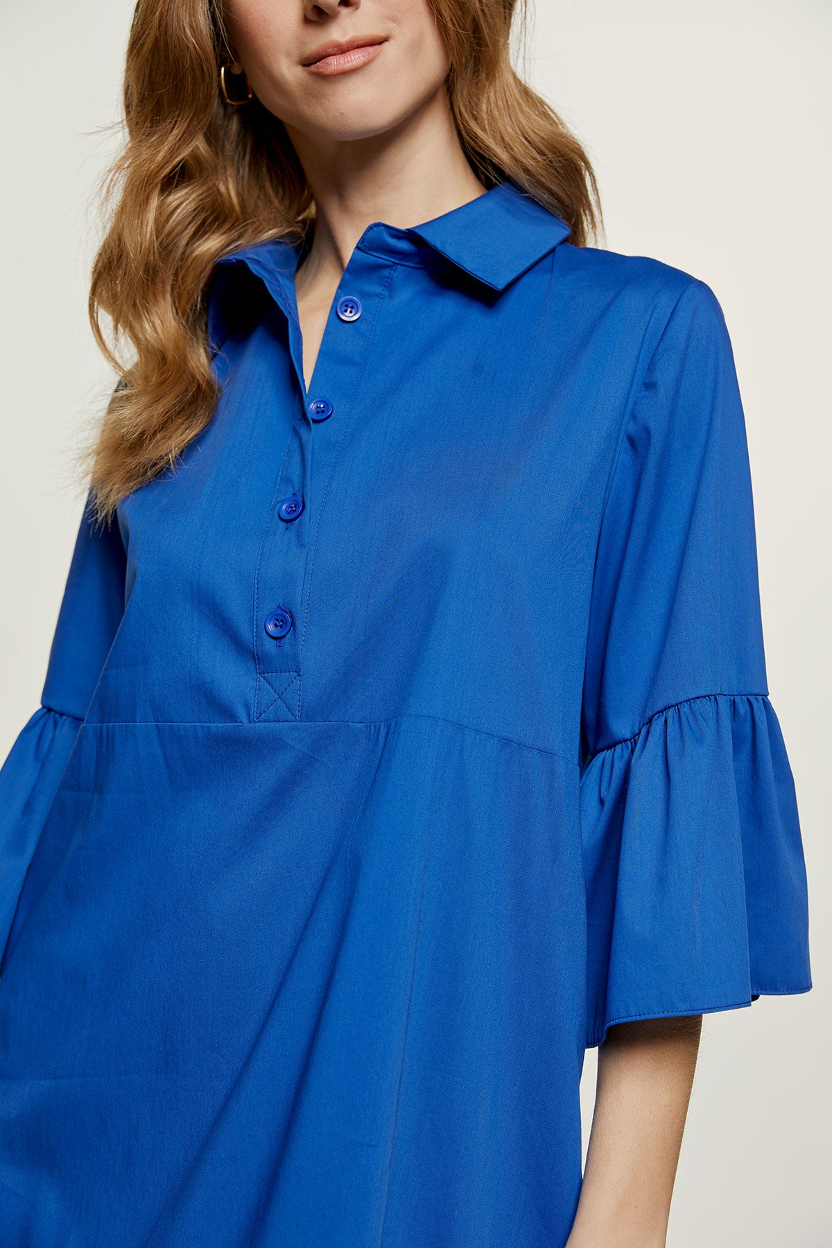 Royal Blue Bell Sleeve Dress with Ruffle Hem