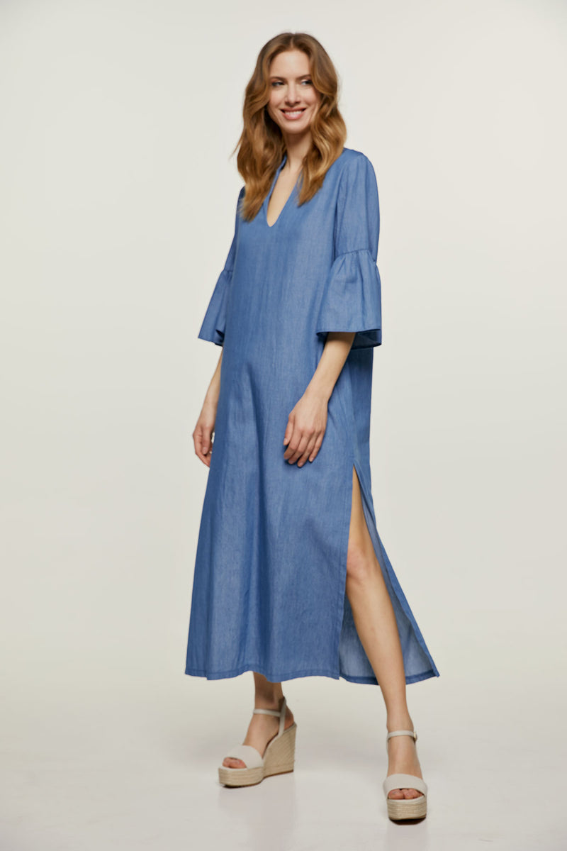 Denim Style Kaftan with Ruffle Detail