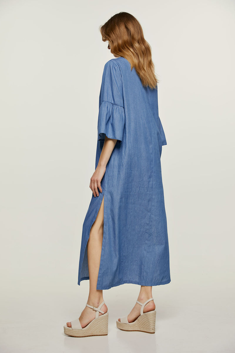 Denim Style Kaftan with Ruffle Detail