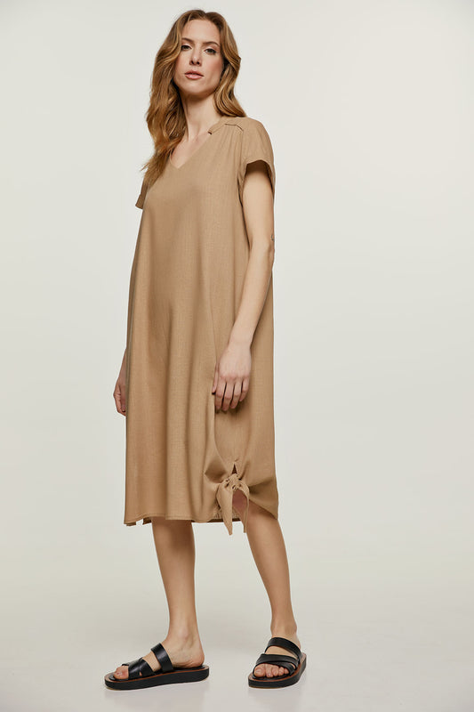Beige Midi Dress with Tie Detail