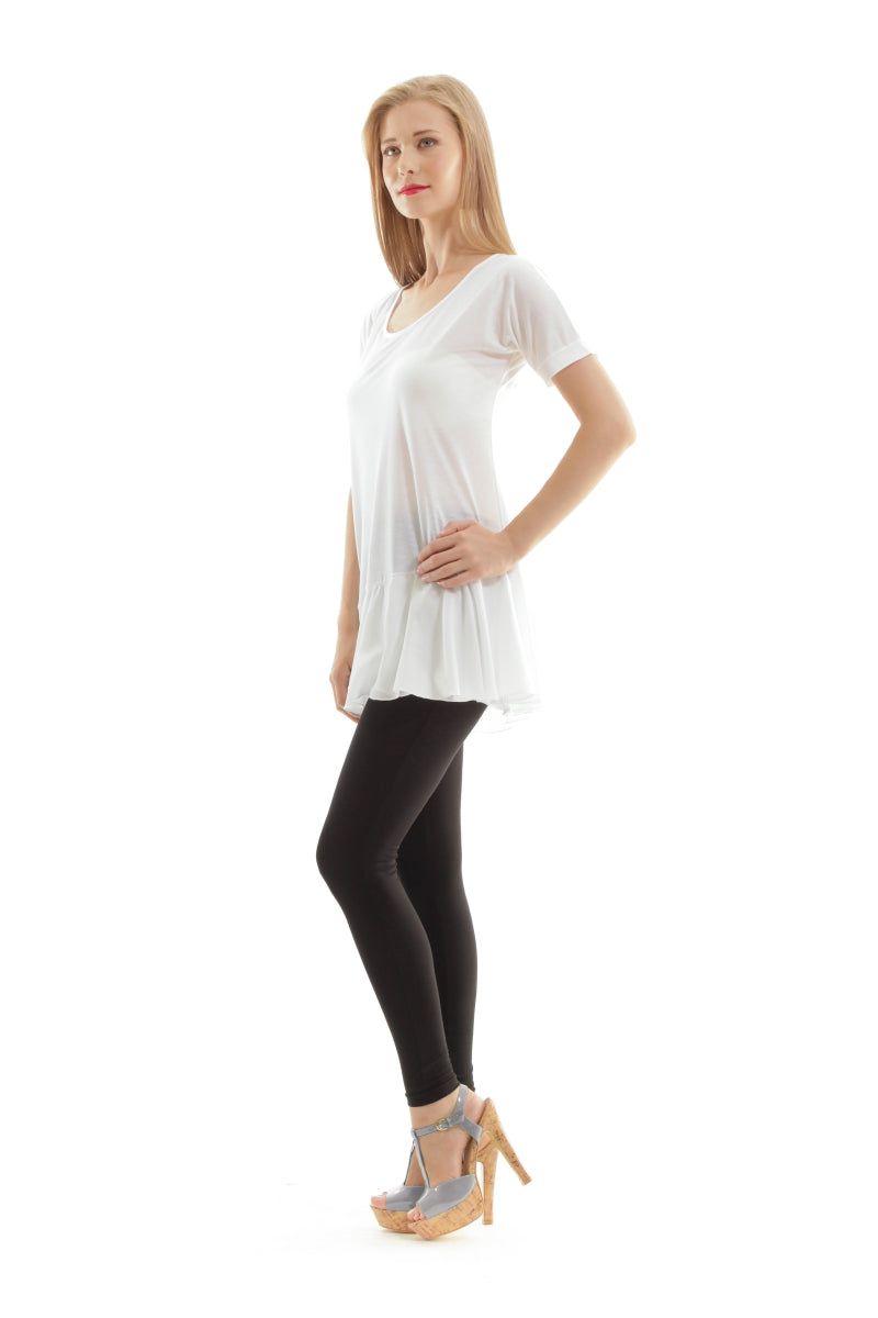 Conquista Τοπ Longline Κοντομάνικο Casual Στρογγυλή Λαιμόκοψη Με Βολάν Μονόχρωμο Λευκό TA.413