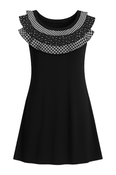 Conquista Φόρεμα Mini Casual Αμάνικο Με Βολάν Απο Πουά & Καρό Βισκόζη. Μαύρο C100-032-00