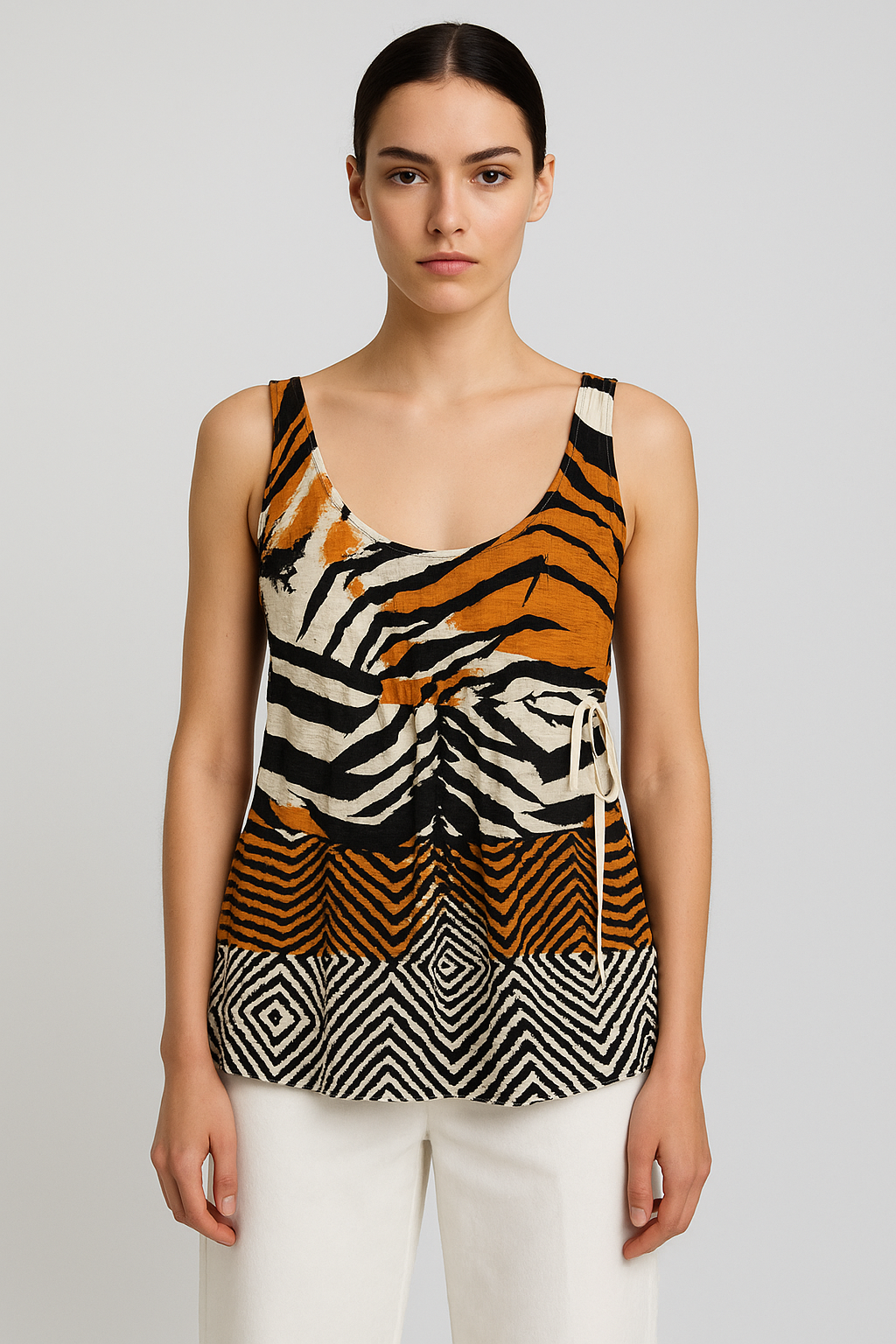 Zebra-Print Sleeveless Top with Drawstring Waist