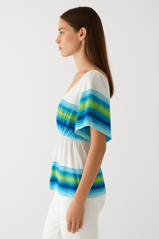 Striped Scoop-Neck Flutter Sleeve Top