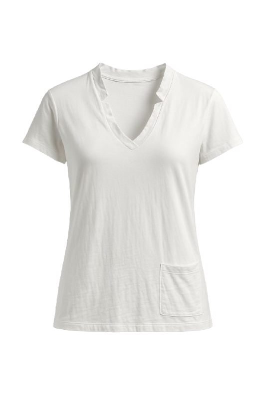 White Cotton Top with Ruffled V-Neck and Pocket Detail