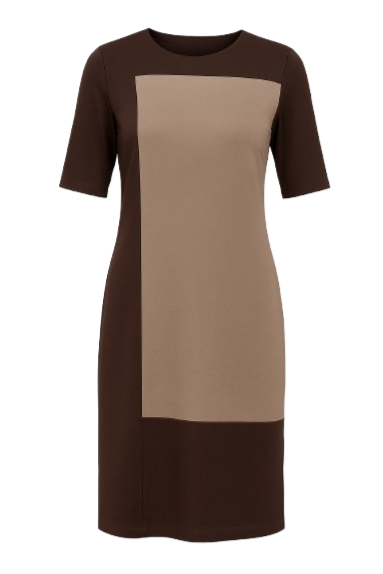 Φόρεμα με λάστιχο σε αντίθεση από ύφασμα σε κάμελ χρώμα