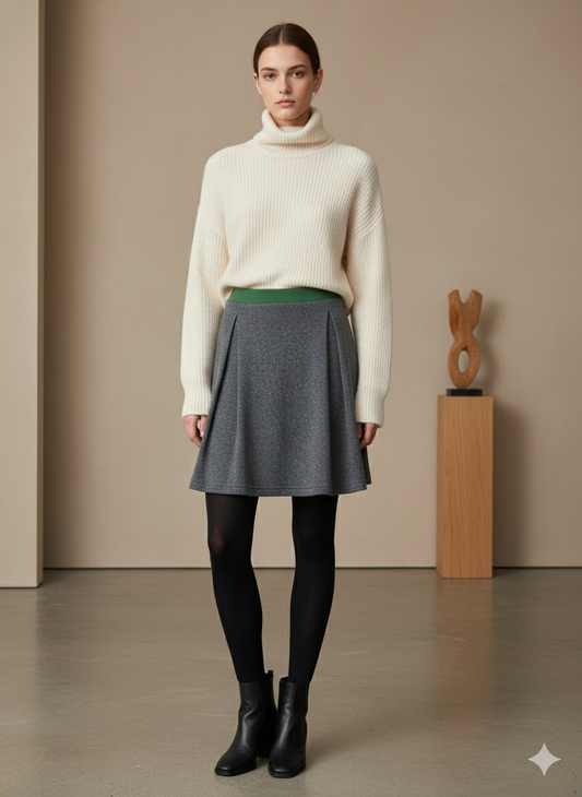 Wool-Blend A-Line Skirt with Contrast Waistband