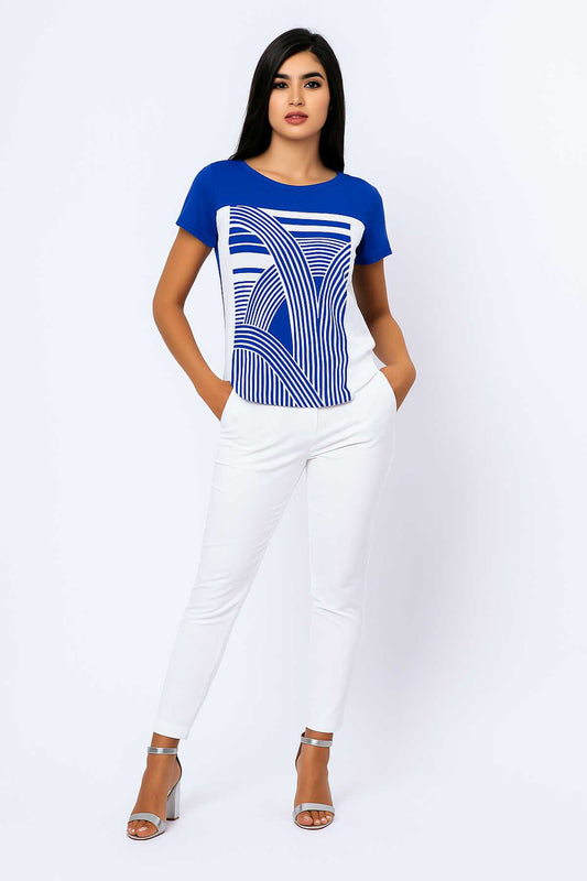 Women's Geometric Print Short Sleeve Top in Viscose-Elastane Jersey
