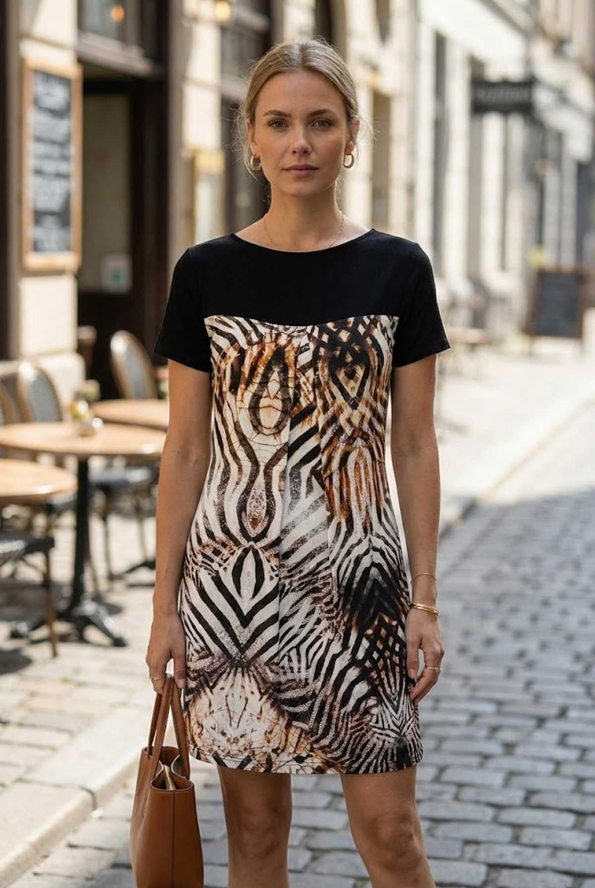 Conquista Φόρεμα Mini Γραμμή Α Animal Print Κοντό Μανίκι Καλοκαιρινό Βισκόζη Μαύρο C140-344-00