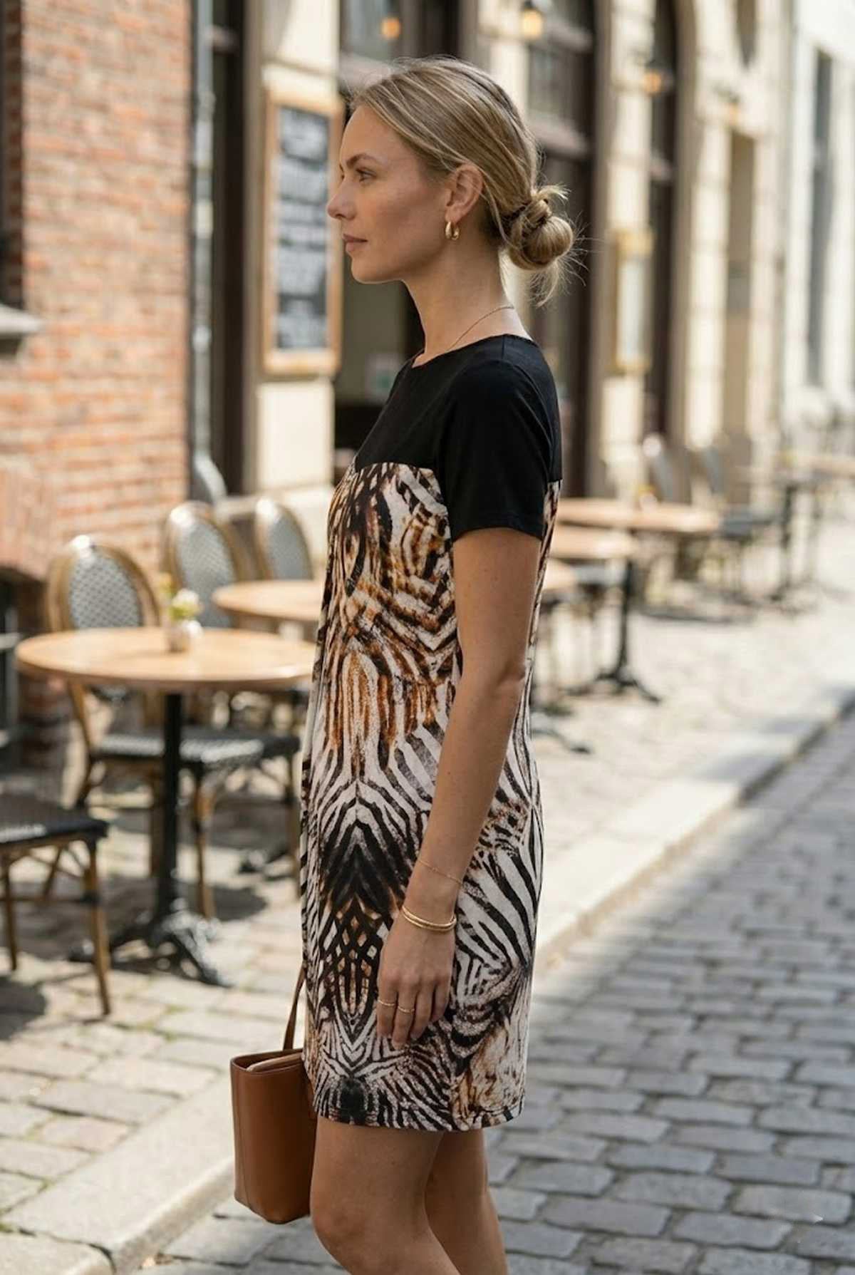 Conquista Φόρεμα Mini Γραμμή Α Animal Print Κοντό Μανίκι Καλοκαιρινό Βισκόζη Μαύρο C140-344-00
