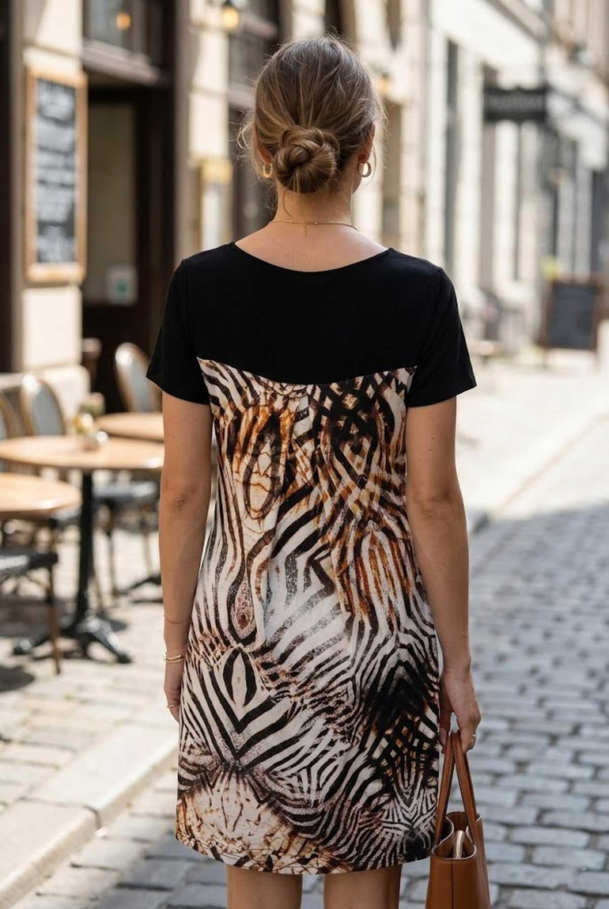 Conquista Φόρεμα Mini Γραμμή Α Animal Print Κοντό Μανίκι Καλοκαιρινό Βισκόζη Μαύρο C140-344-00