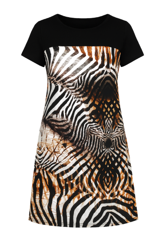 Short-Sleeve Animal-Print A-Line Dress with Black Contrast Yoke