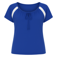Load image into Gallery viewer, Conquista Blue Contrast Panel Tie-Detail Top with Short Sleeves