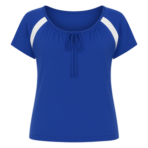 Conquista Blue Contrast Panel Tie-Detail Top with Short Sleeves